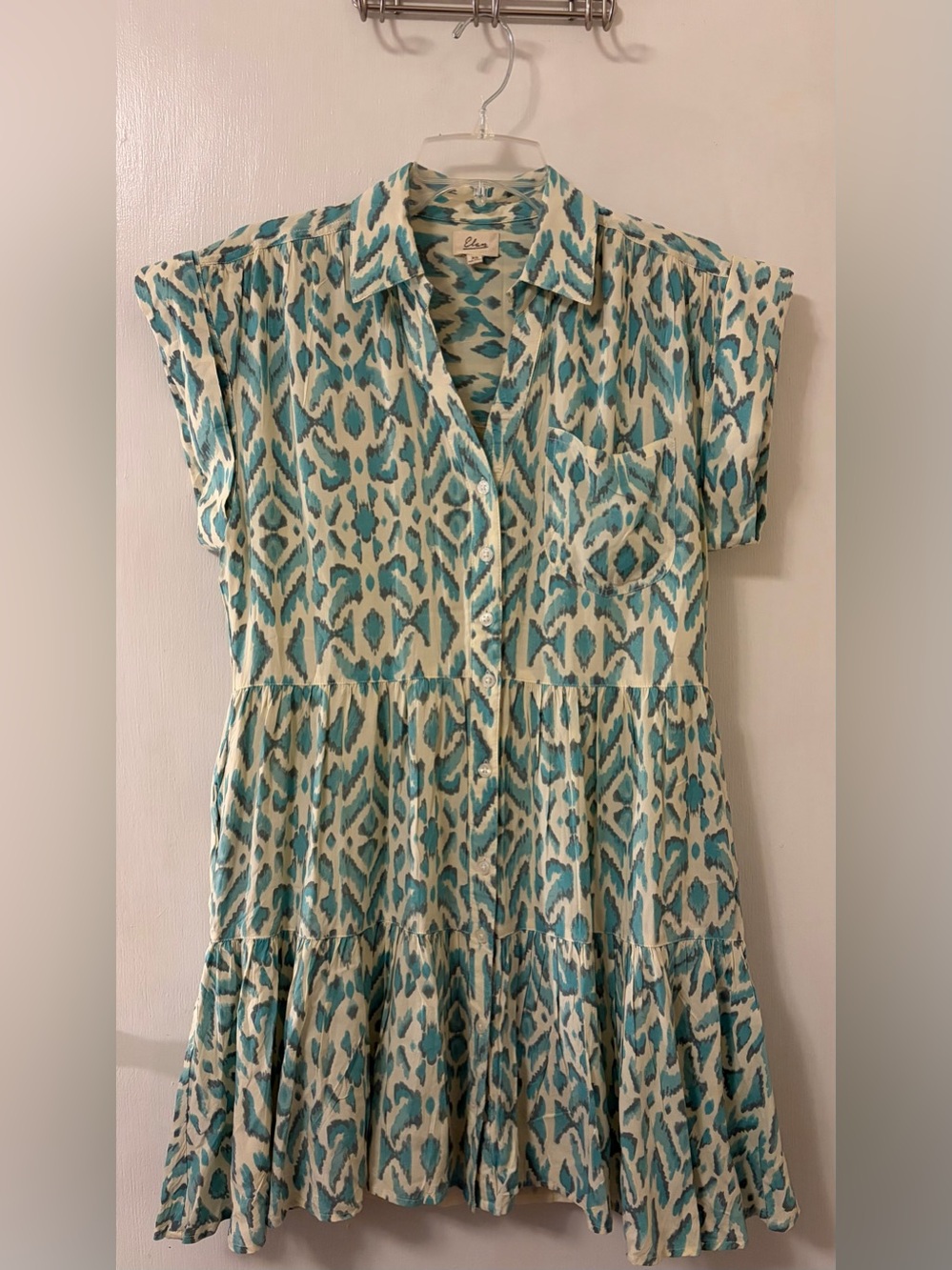 Elan Teal & Gray Patterned Button-Down Dress